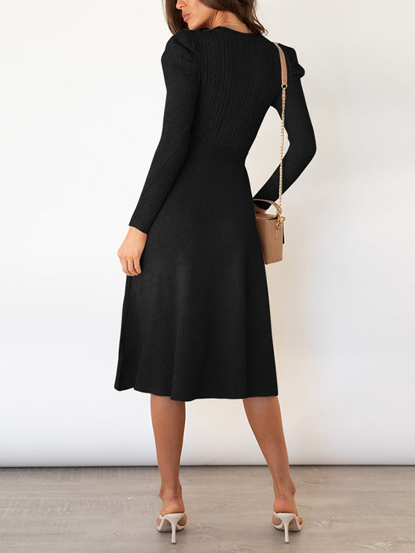 Robe pull taille haute, à manches longues, à taille nouée, à col rond, couleur unie