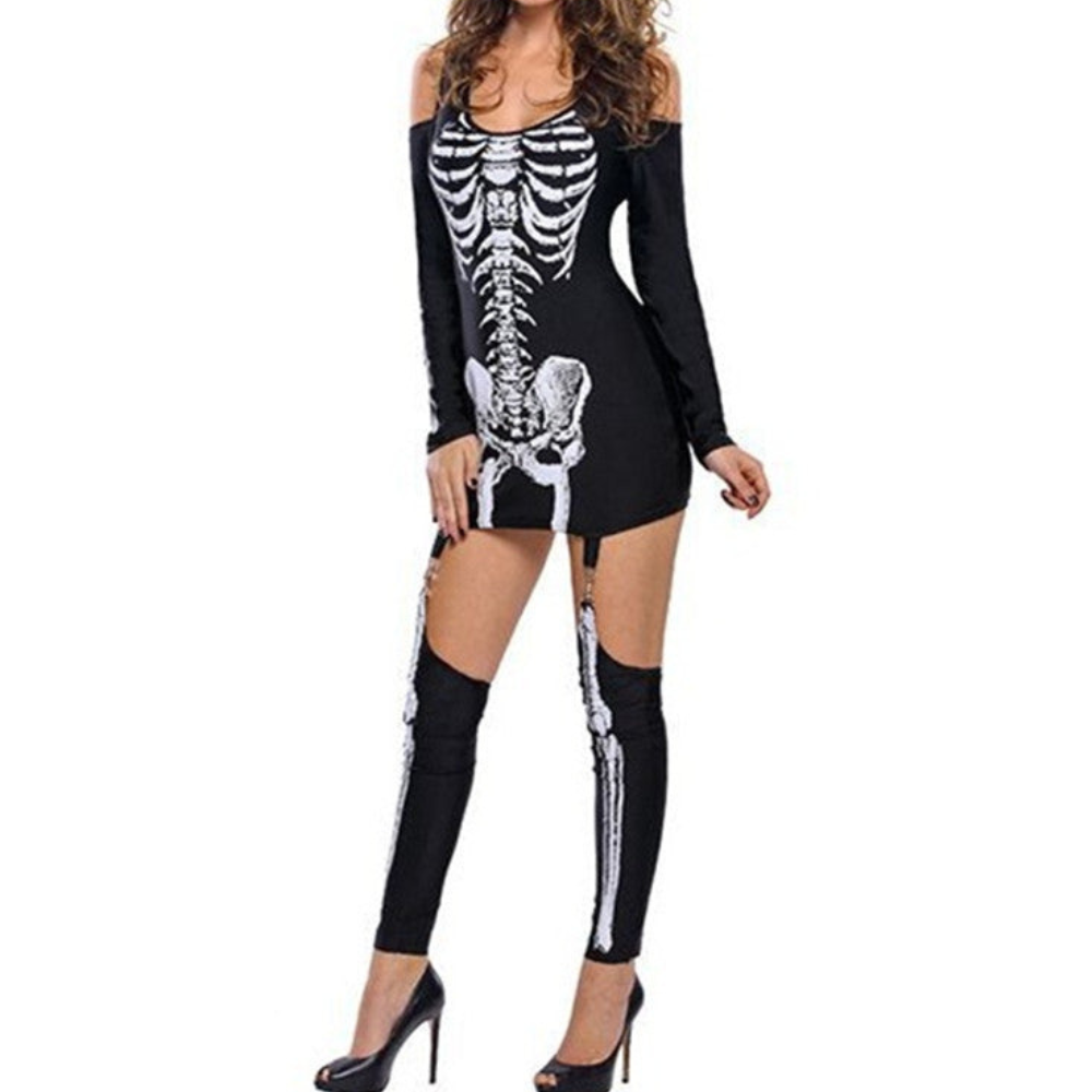 Ensemble de costume d'Halloween pour femmes | Sans épaules & avec imprimé squelette