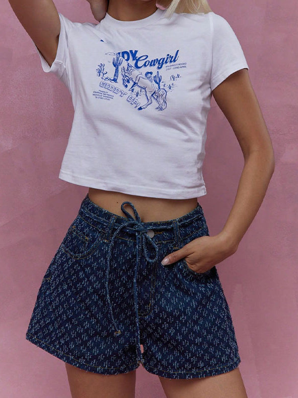Short à jambes larges, à empiècements, à taille nouée, en jean