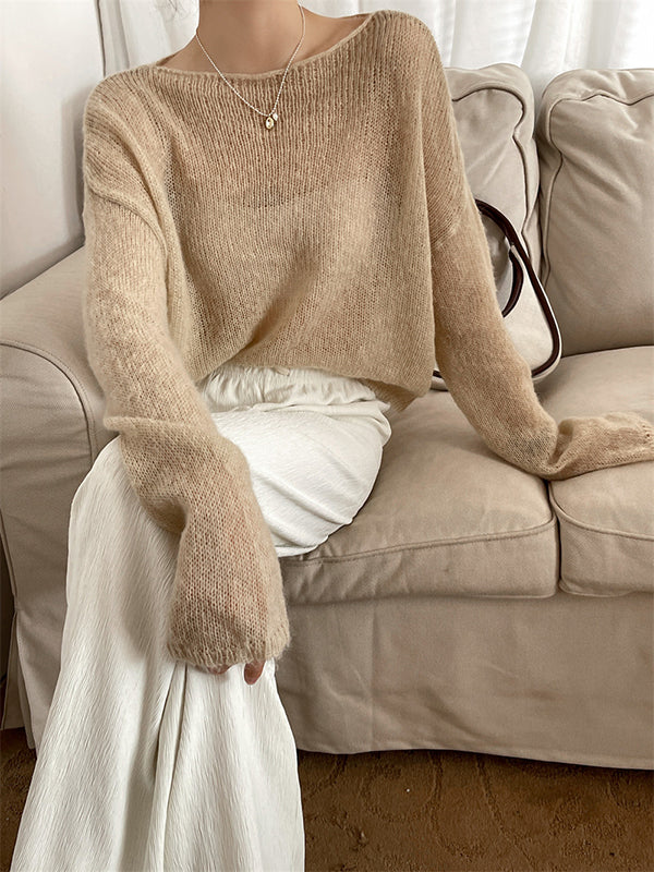Pull fin tricoté en Mohair doux, manches longues, couleur unie, hauts fins