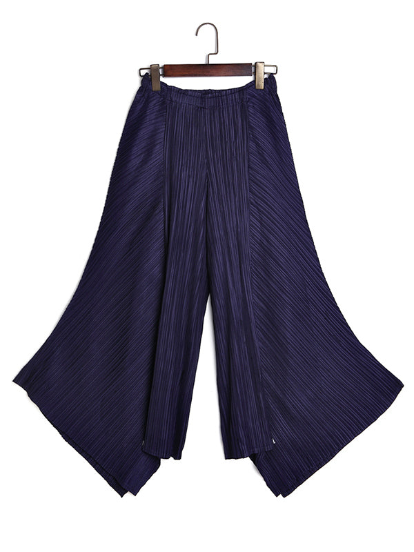 Pantalon ample original à jambes larges plissées irrégulières de couleur unie