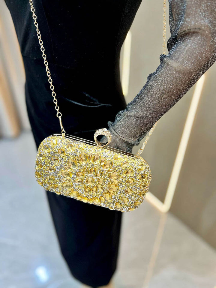 Pochette de soirée géométrique brillante à chaîne, à cadenas, à strass