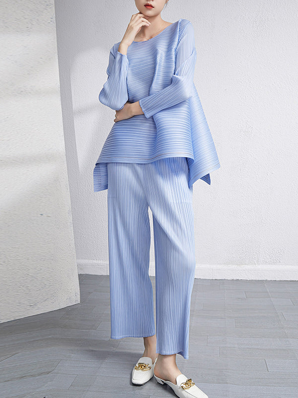 Ensemble deux pièces ample plissé à ourlet plongeant, à col rond, couleur unie – t-shirt + pantalon
