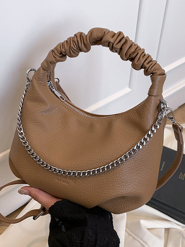 Sac à main plissé à chaîne, à fermeture éclair, couleur unie