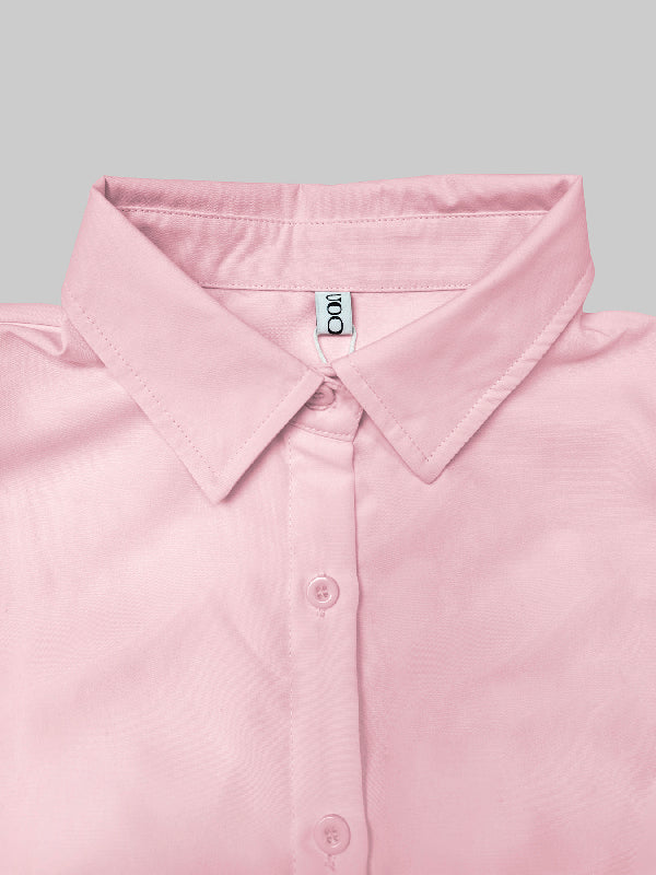 Robe chemise superposée plissée coupe trapèze, à manches longues, à poches, à empiècements, à col revers, couleur unie