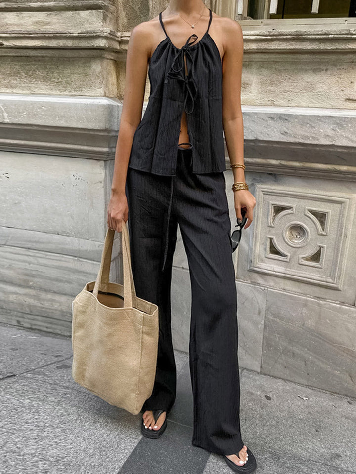 Ensemble deux pièces court plissé à col licou, à empiècements, taille haute, à taille élastique, à taille nouée, couleur unie – débardeur + pantalon