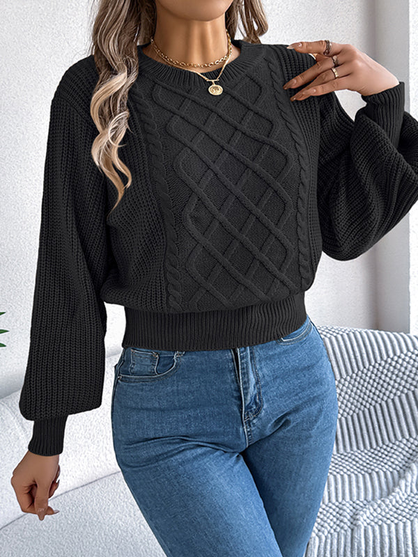 Taille élastiquée manches longues câble tricot couleur unie col rond haut en tricot pull hauts