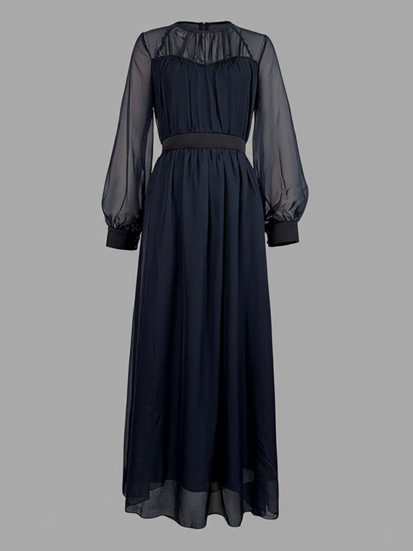 Robe longue ample plissée transparente effet deux pièces, en gaze, à col rond