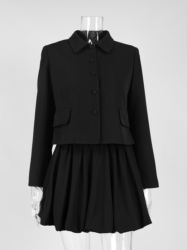 Ensemble deux pièces blazer à manches longues et mini jupes plissées, couleur unie, revers fendu