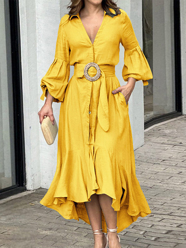 Robe longue plissée à ourlet plongeant, à manches bouffantes, à col revers, couleur unie