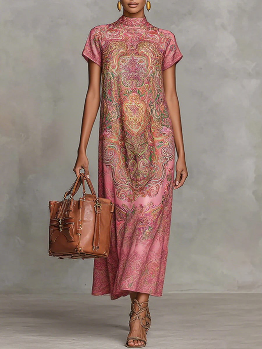 Robe longue ample à manches courtes, à imprimé floral, à col cheminée, couleur contrastée