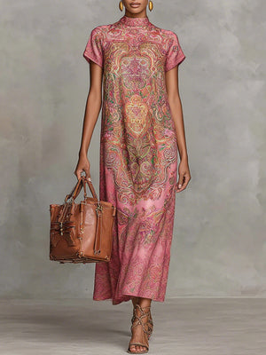 Robe longue ample à manches courtes, à imprimé floral, à col cheminée, couleur contrastée