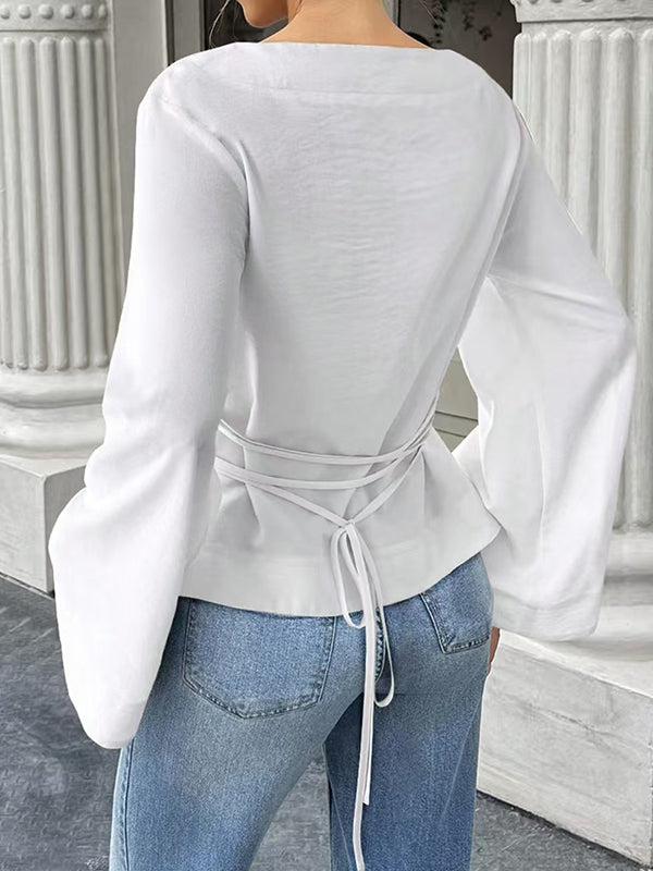 T-shirt à taille élastique, à manches évasées, à empiècements, à taille nouée, à col rond, couleur unie