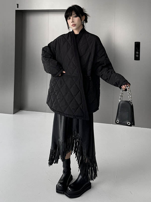 Manteau rembourré à manches longues, ample, à carreaux, couleur unie, à empiècements, noué, sans col, vêtements d'extérieur
