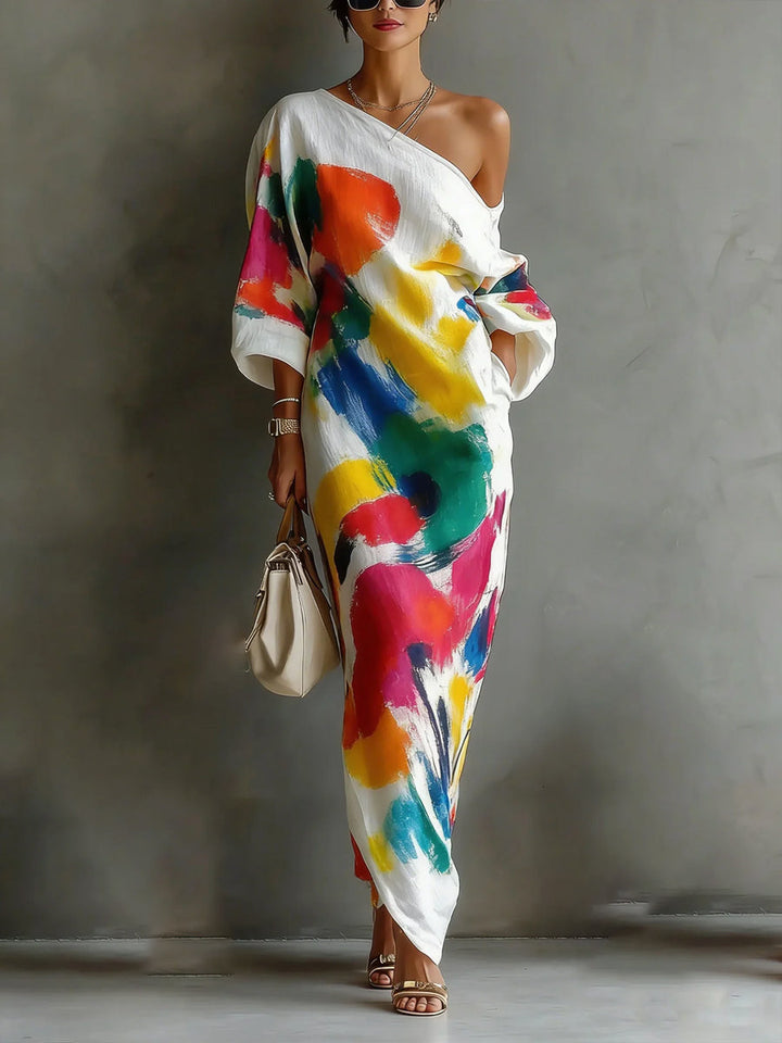 Robe longue ample asymétrique imprimée à manches longues, à poches, asymétrique à une épaule, couleur contrastée