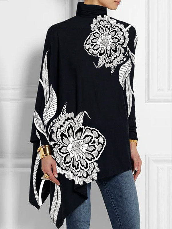 T-shirt ample asymétrique à manches chauve-souris, à imprimé floral, à empiècements, à col haut