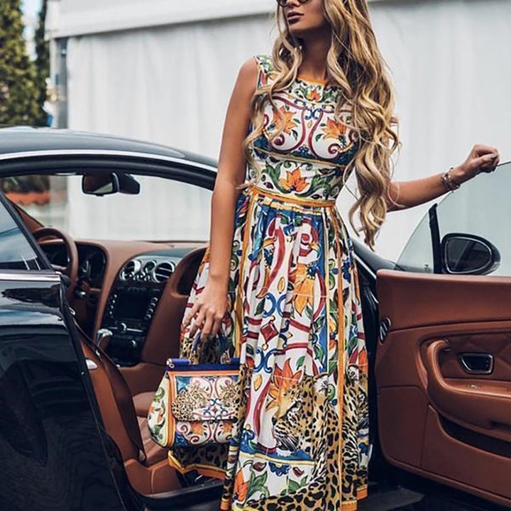Bibiana | Robe midi sans manches à imprimé rétro pour femmes