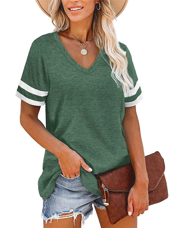 T-shirt ample rayé à manches courtes, à col en V, couleur contrastée