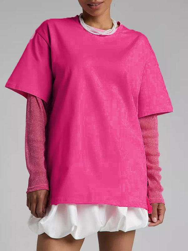 T-shirt ample transparent effet deux pièces, à empiècements, anti-UV, à col rond