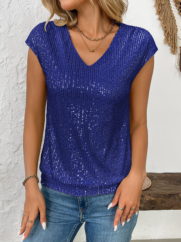 T-shirt ample brillant à manches chauve-souris, à sequins, à col en V