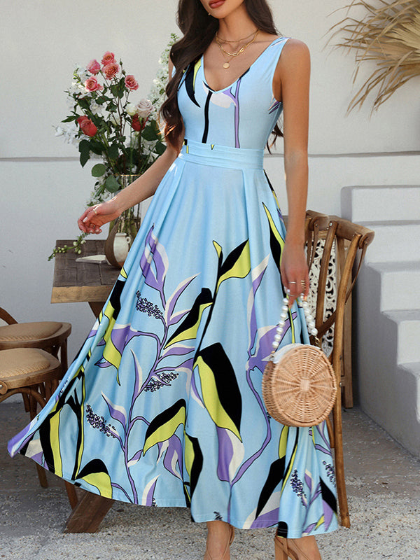 Robe longue plissée imprimée coupe trapèze, taille haute, à nœud, à empiècements, à fermeture éclair, à col en V, couleur contrastée