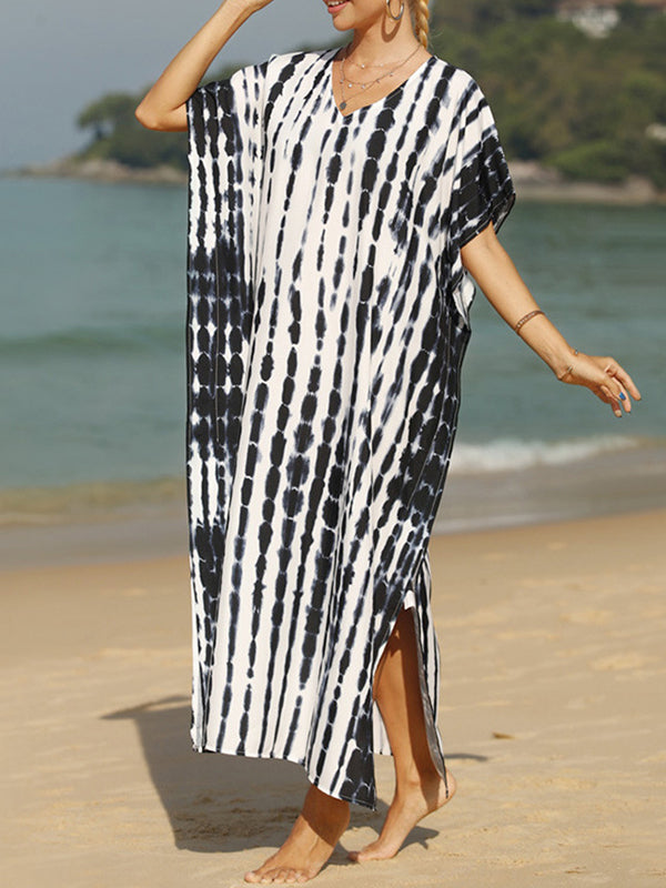 Robe longue ample imprimée fendue sur le côté à manches courtes, anti-UV, à col en V