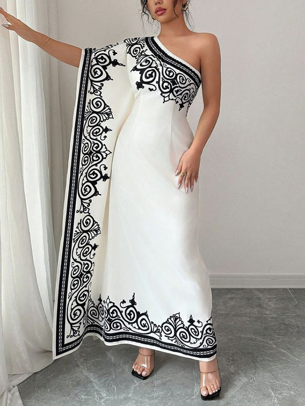 Robe longue ample asymétrique plissée à manches chauve-souris, à taille élastique, à imprimé floral, asymétrique à une épaule