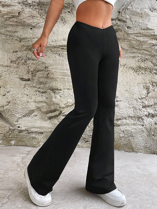 Pantalon taille haute, à jambes larges, couleur unie