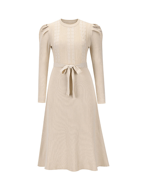 Robe pull taille haute, à manches longues, à taille nouée, à col rond, couleur unie