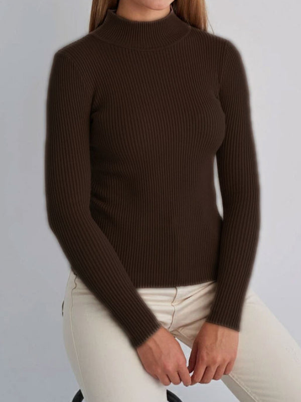 Pull à manches longues, coupe près du corps, à empiècements, à col haut, couleur unie