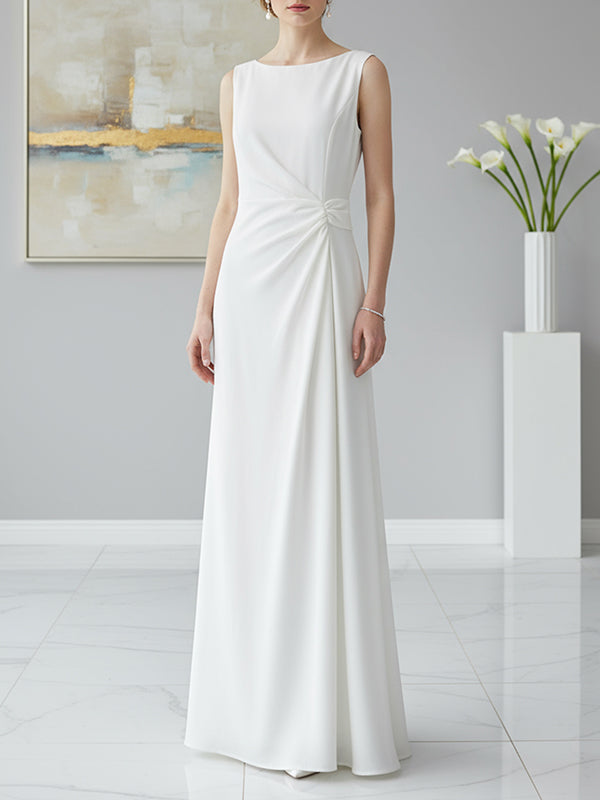 Robe de soirée longue plissée sans manches, en gaze, à empiècements, à col rond, couleur unie