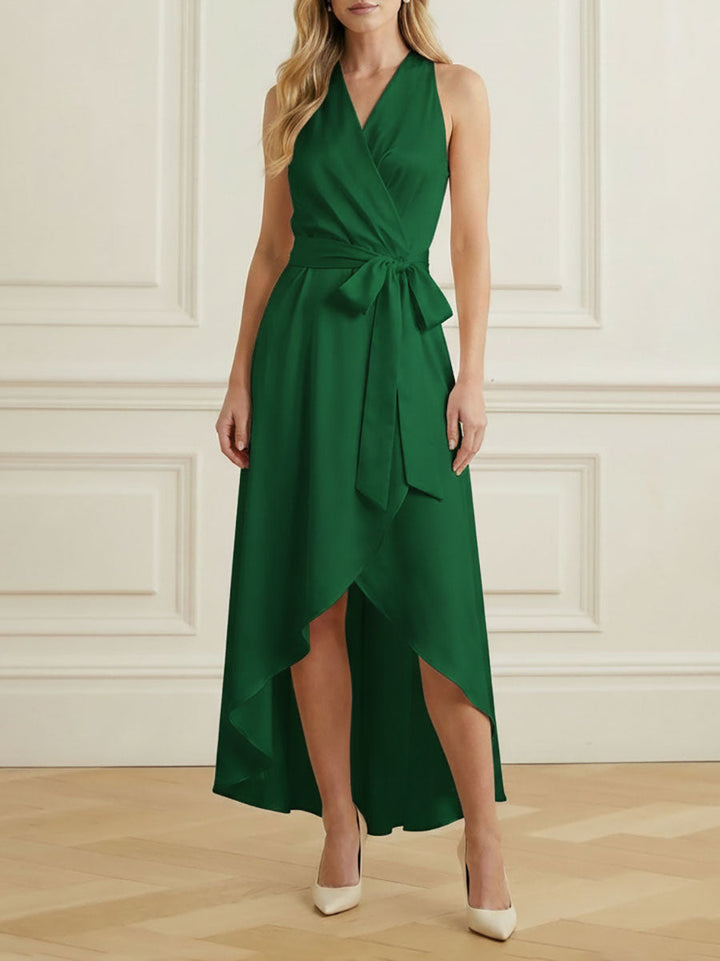 Robe longue ample à ourlet plongeant, à bordure volantée, à taille nouée, à col en V, couleur unie