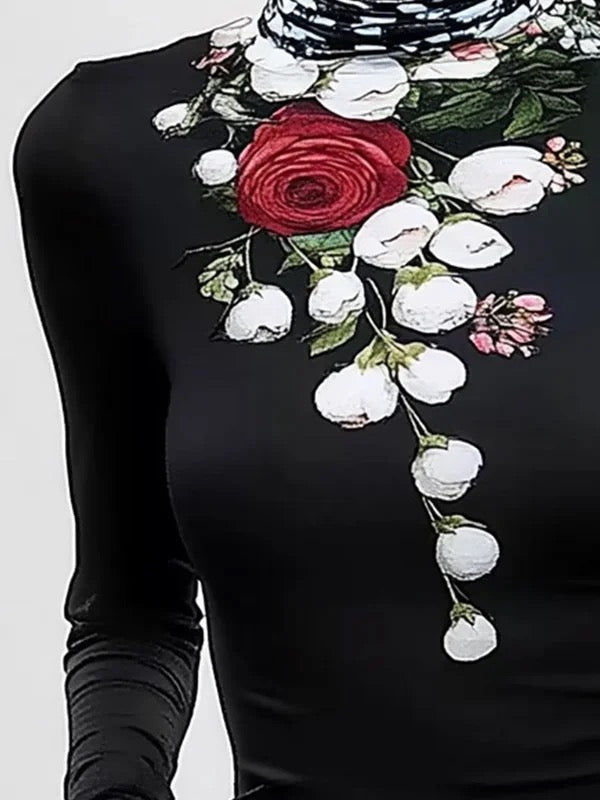 T-shirt à manches longues, coupe près du corps, à imprimé floral, à empiècements, à col haut