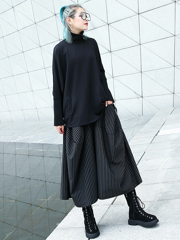 Pantalon jupe-culotte rayé taille haute avec poches élastiques amples
