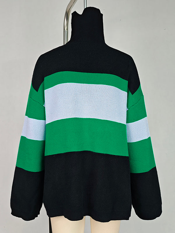 Pull à manches évasées, à ourlet plongeant, à empiècements, à col haut, couleur contrastée