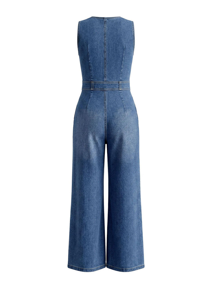 Combinaison plissée taille haute, sans manches, à poches, à fermeture éclair, à col rond, couleur unie