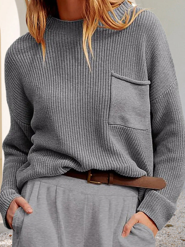 Pull en maille ample à manches longues, à poches, à col rond, couleur unie