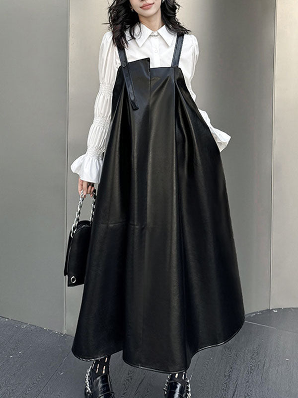 Robe trapèze ample asymétrique plissée, couleur unie, à empiècements, col carré, robe mi-longue