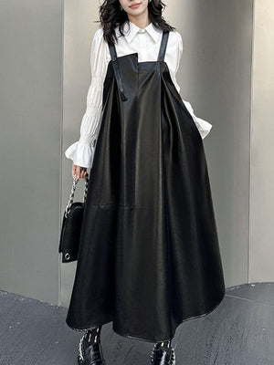 Robe trapèze ample asymétrique plissée, couleur unie, à empiècements, col carré, robe mi-longue