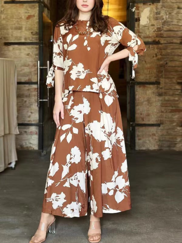Ensemble deux pièces noué à imprimé floral, à col rond, à jambes larges – t-shirt + pantalon