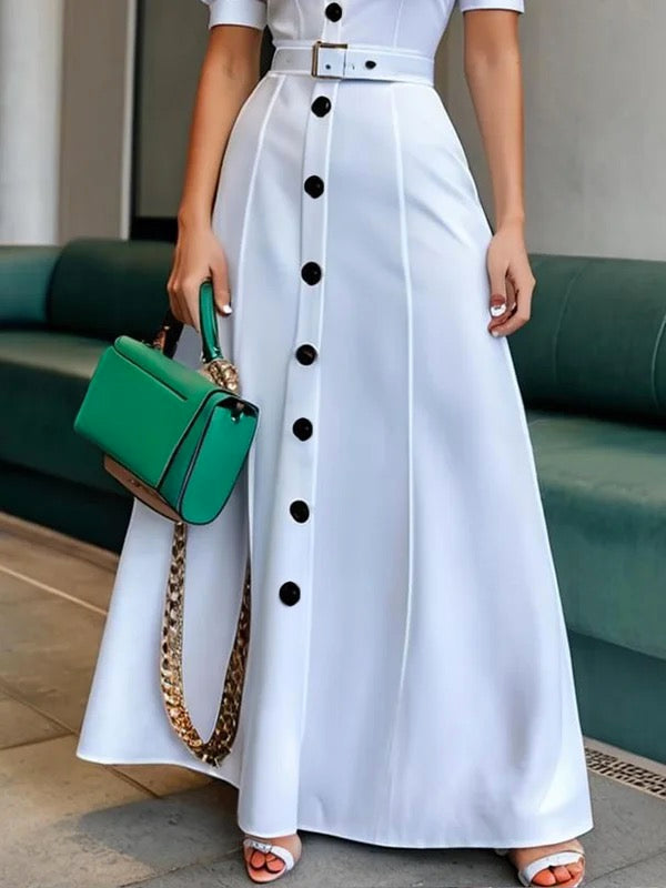 Robe chemise boutonnée à manches bouffantes, à manches courtes, avec ceinture, à col revers, couleur unie