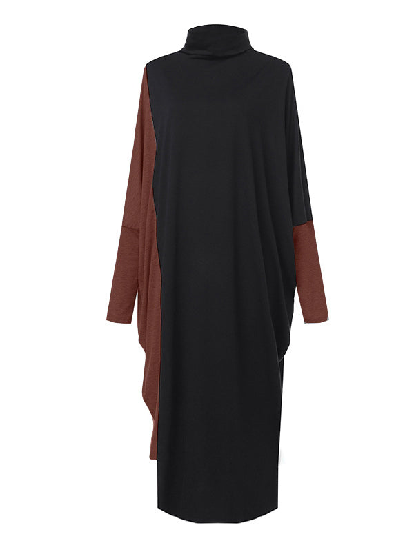 Robe décontractée ample à empiècements, à col haut, à manches longues, couleur contrastée