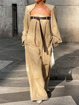 Ensemble deux pièces boutonné à manches longues, sans col, à jambes larges, avec ceinture – veste + haut + combinaison