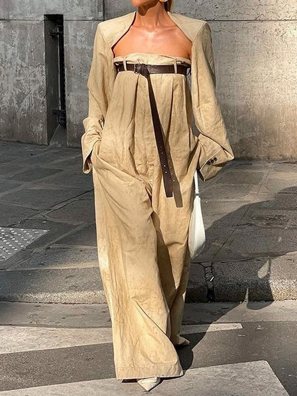 Ensemble deux pièces boutonné à manches longues, sans col, à jambes larges, avec ceinture – veste + haut + combinaison