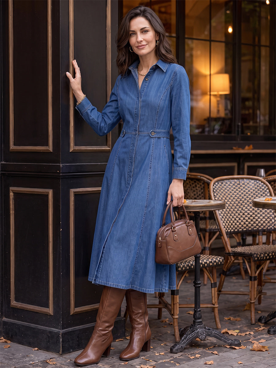 Robe mi-longue boutonnée à empiècements, à poches, à manches longues, taille haute, à col revers, couleur unie