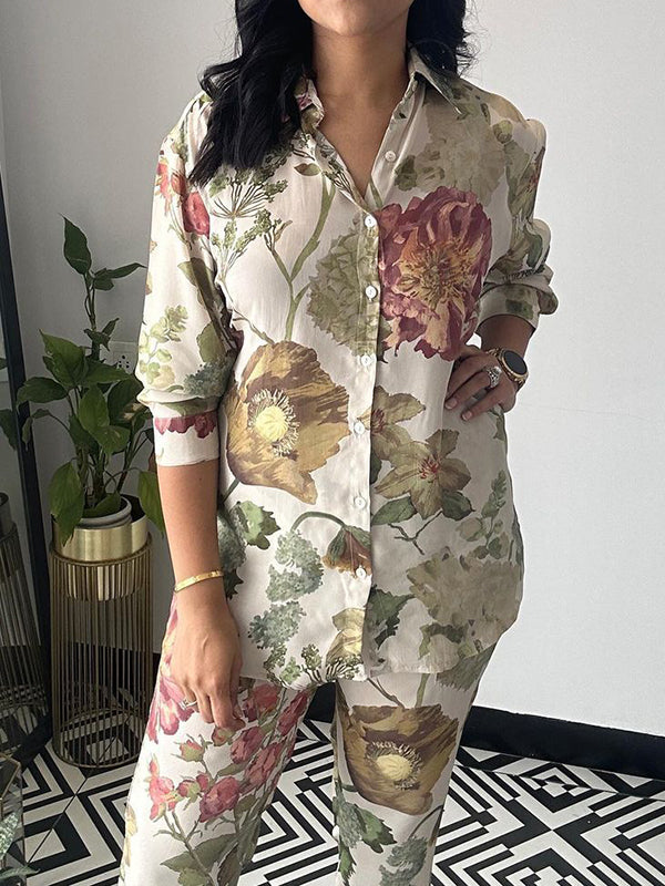Ensemble deux pièces boutonné à manches longues, à imprimé floral, à col revers – chemise + haut + pantalon 7/8 + pantalon