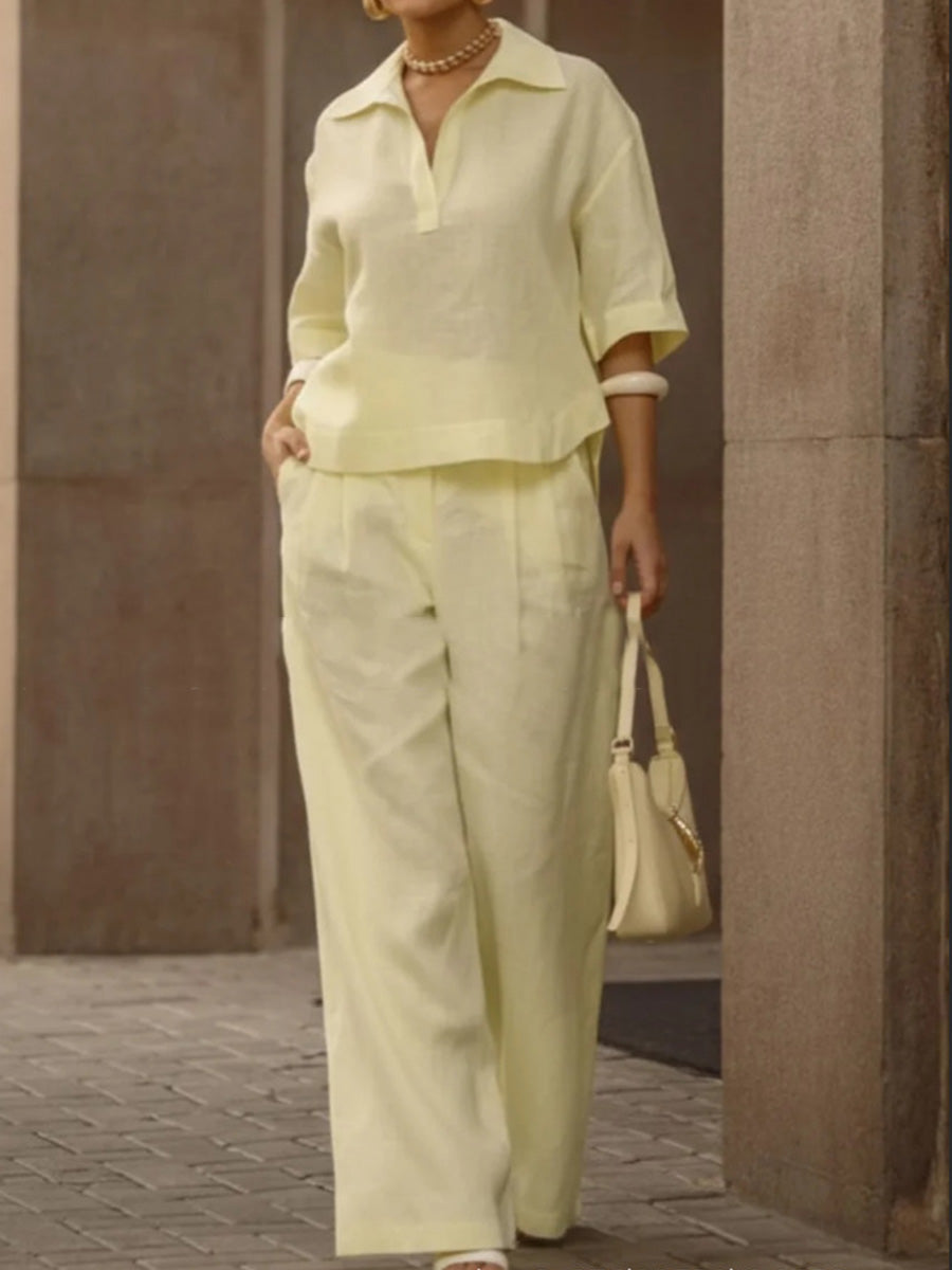 Ensemble deux pièces plissé à manches mi-longues, à col revers, taille haute, couleur unie – chemisier + pantalon