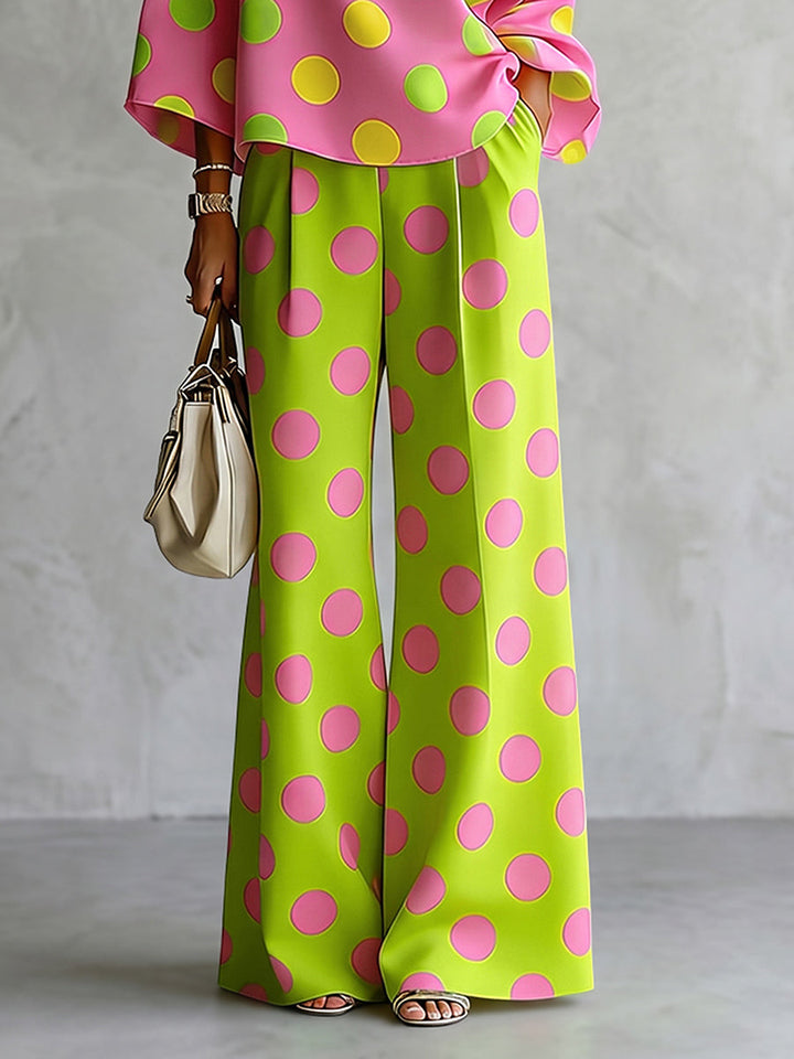 Pantalon boutonné à jambes larges, à poches, à pois
