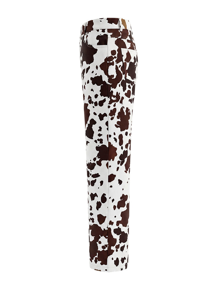 Pantalon à empiècements imprimé vache, taille haute, couleur contrastée, taille élastiquée