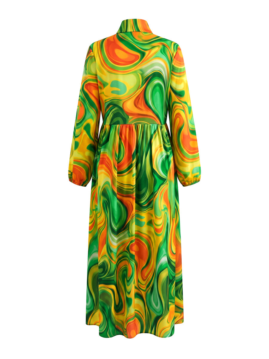 Robe longue imprimée plissée ample à poches, à manches longues, à col montant, couleur contrastée